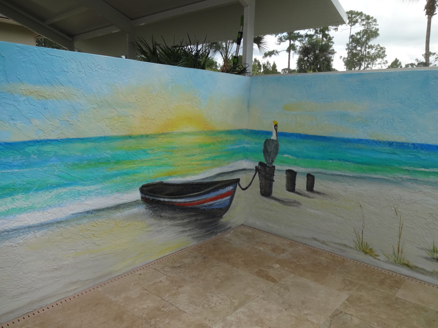 Boat sunset pelican beach mural